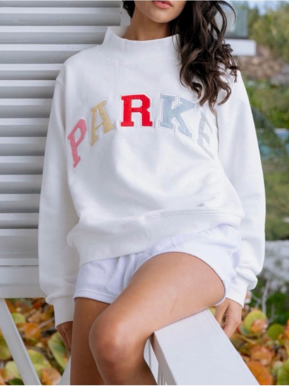 PARKE White Summerland Mockneck Sweatshirt with Multicolor Lettering